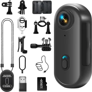 4K Mini Body Camera, Wearable Action Body Cam, Sports Action CameraThumb Size Hands-Free Recording Body Worn Camera, Premium Portable Camcorder Mount Anywhere for Work, Travel,Fishing(Black-128G)