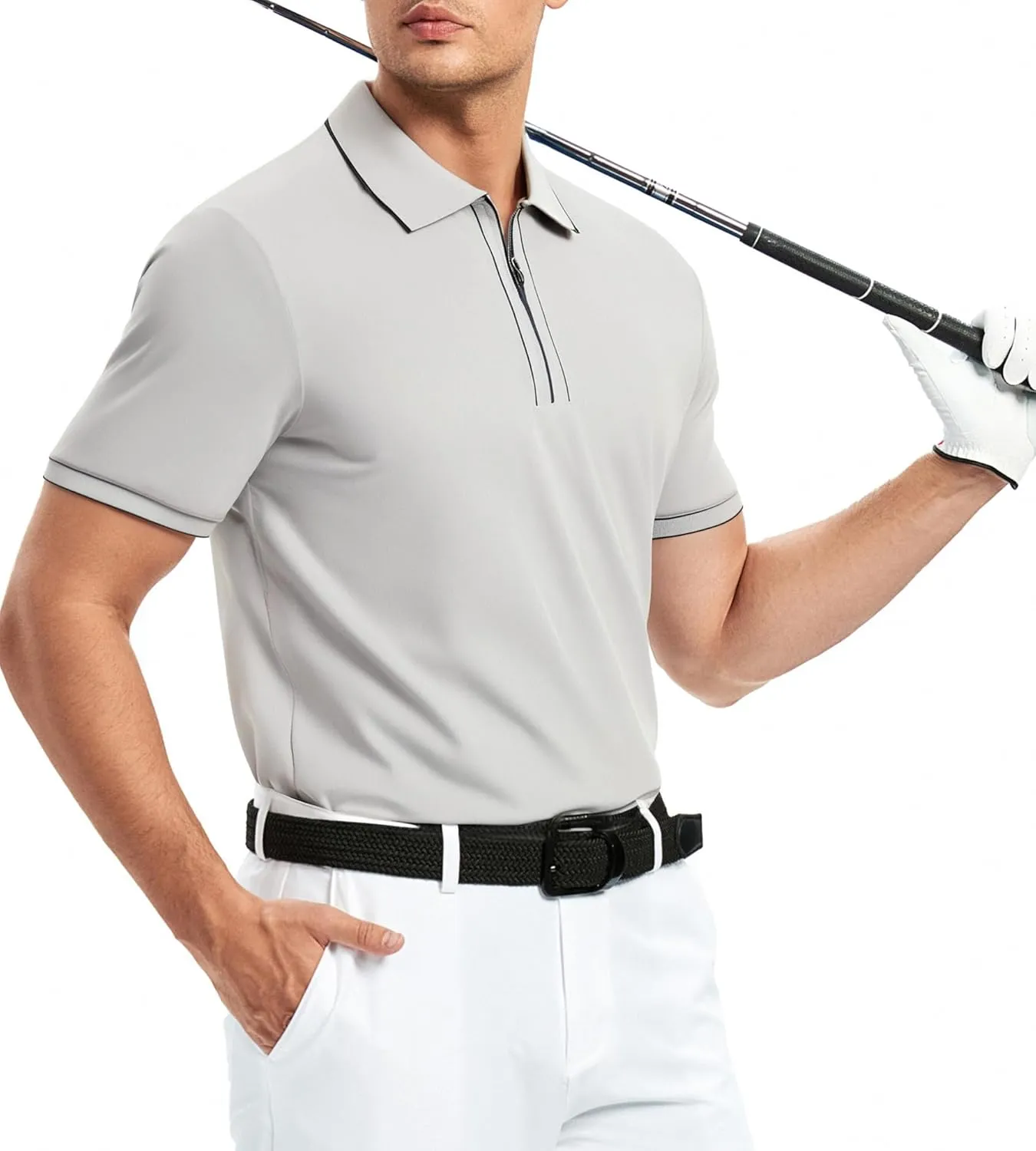 Alex Vando Mens Zipper Golf Shirt Moisture Wicking Zip Up Solid Fashion Polo Shirts