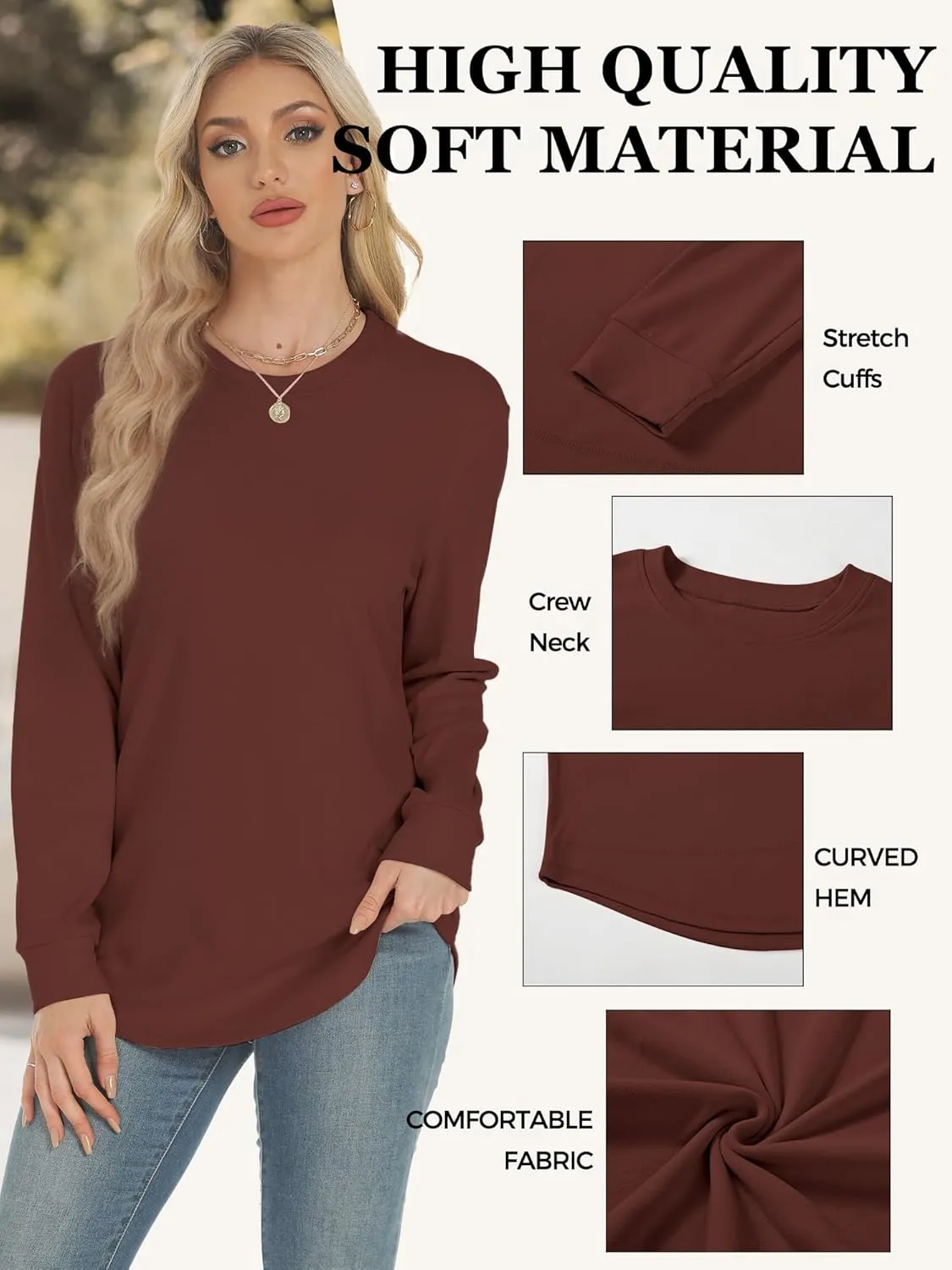 AURUZA Sweatshirt for Women Long Sleeve Crewneck Sweatshirt Women Causal Loose Fit Pullover Tunic Top Fall Clothes Shirts