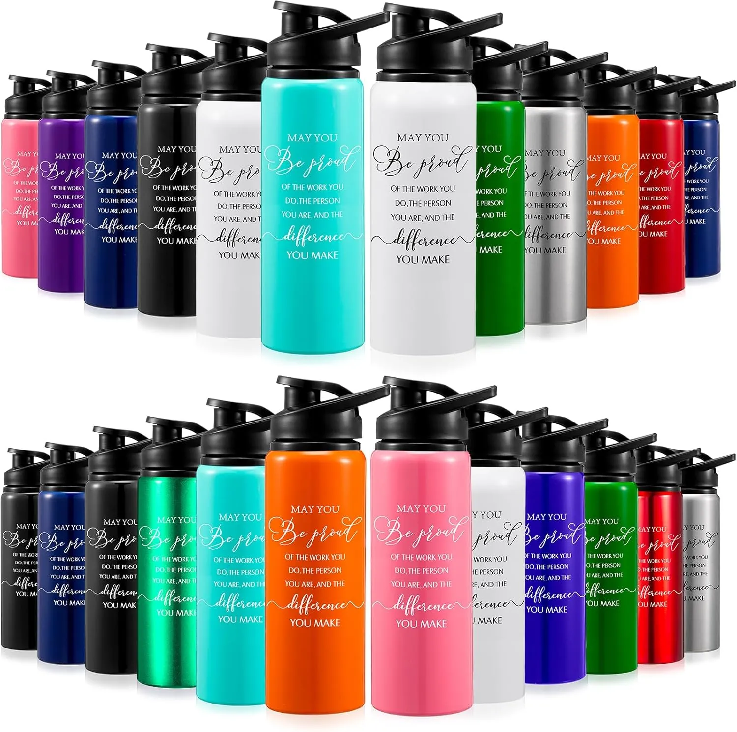 Bokon 24 Pack Thank You Inspirational Gifts Reusable Aluminum Water Bottle Lightweight Leakproof Metal Sports Water Bottle with Lid for Gym Camping Hiking(Colorful,20 oz)
