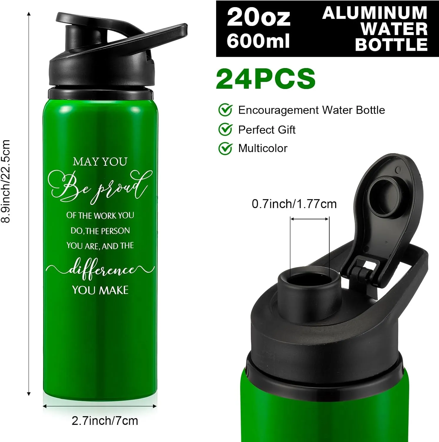Bokon 24 Pack Thank You Inspirational Gifts Reusable Aluminum Water Bottle Lightweight Leakproof Metal Sports Water Bottle with Lid for Gym Camping Hiking(Colorful,20 oz)