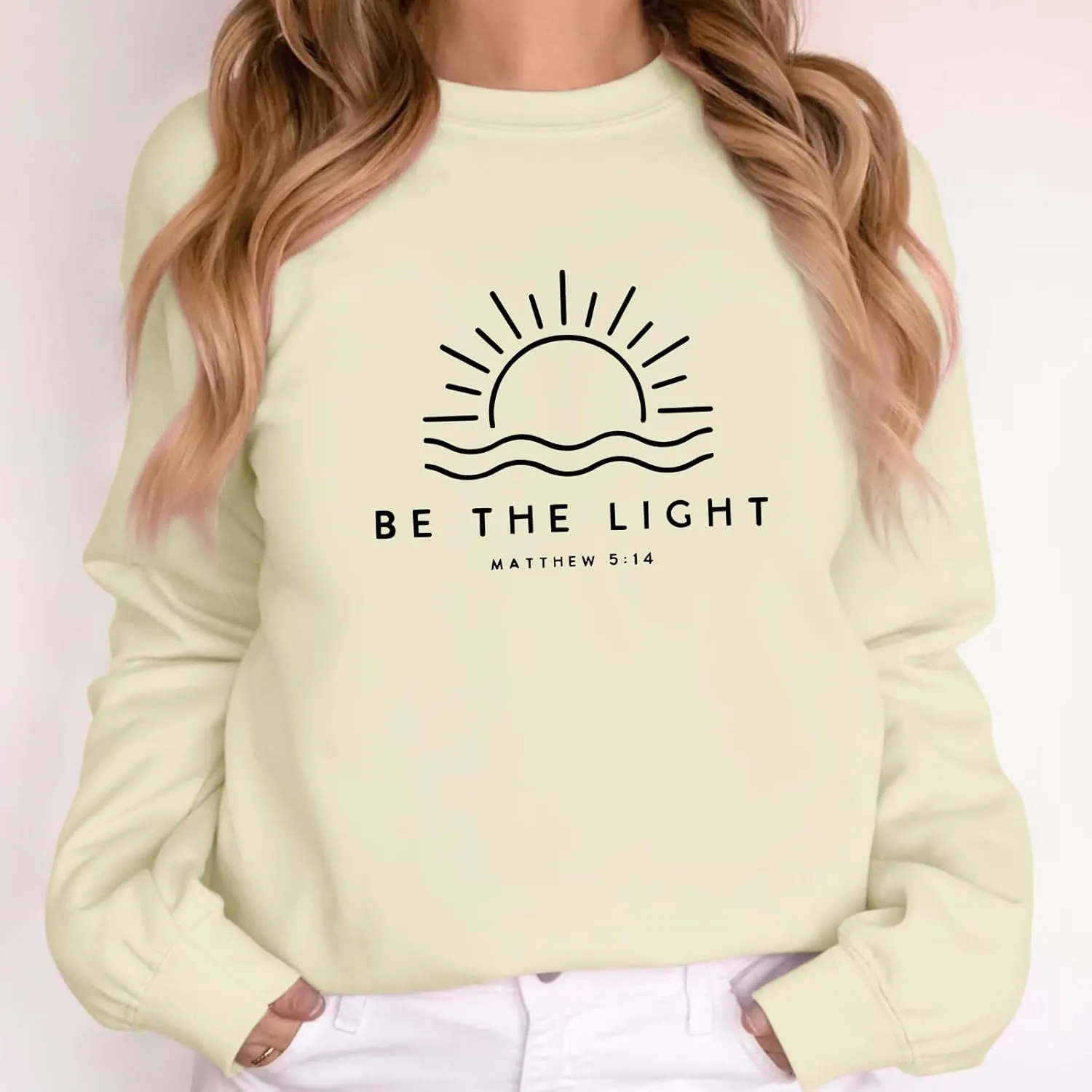 Christian Be The Light Sweatshirts for Women Religious Faith Jesus Bible Verse Graphic Shirts Loose Pullover Tops
