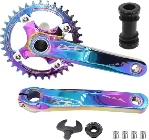 DJC Bike Crankset 104BCD with Chainring BSA Bottom Bracket with Spindle for MTB 1x 2X 3X Speed Mountain Bike Black Red Oilslick 170mm 175mm