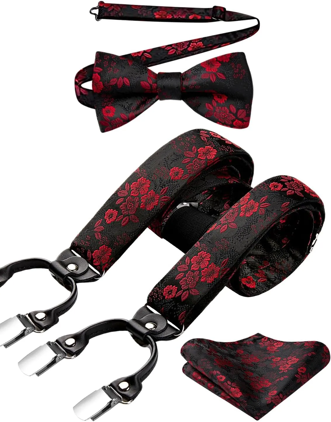 HISDERN Suspenders for Men Paisley Floral Bow tie Suspender Pocket Square Sets Adjustable Y Shape 6 Clips Wedding Braces
