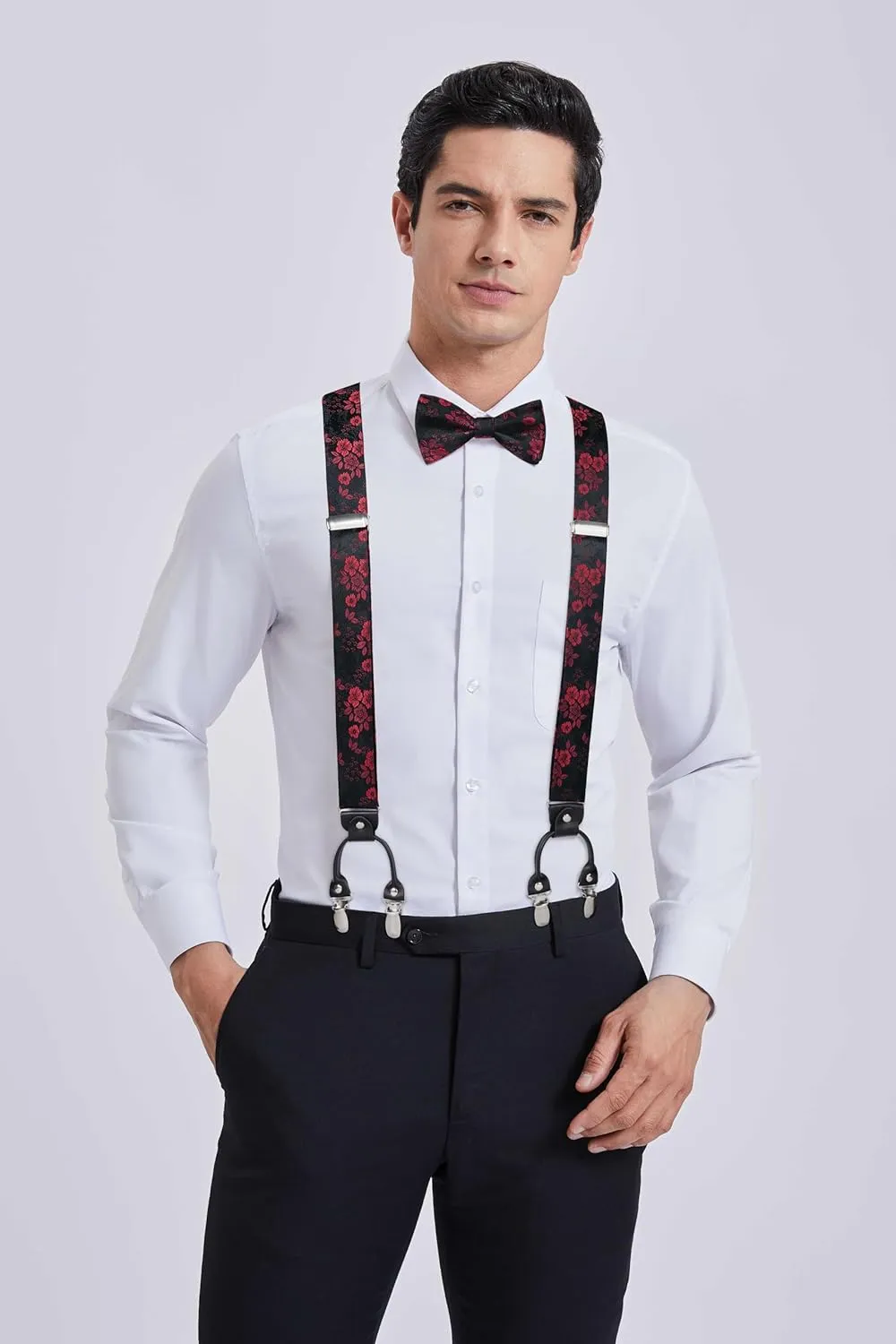 HISDERN Suspenders for Men Paisley Floral Bow tie Suspender Pocket Square Sets Adjustable Y Shape 6 Clips Wedding Braces