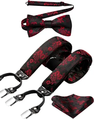 HISDERN Suspenders for Men Paisley Floral Bow tie Suspender Pocket Square Sets Adjustable Y Shape 6 Clips Wedding Braces
