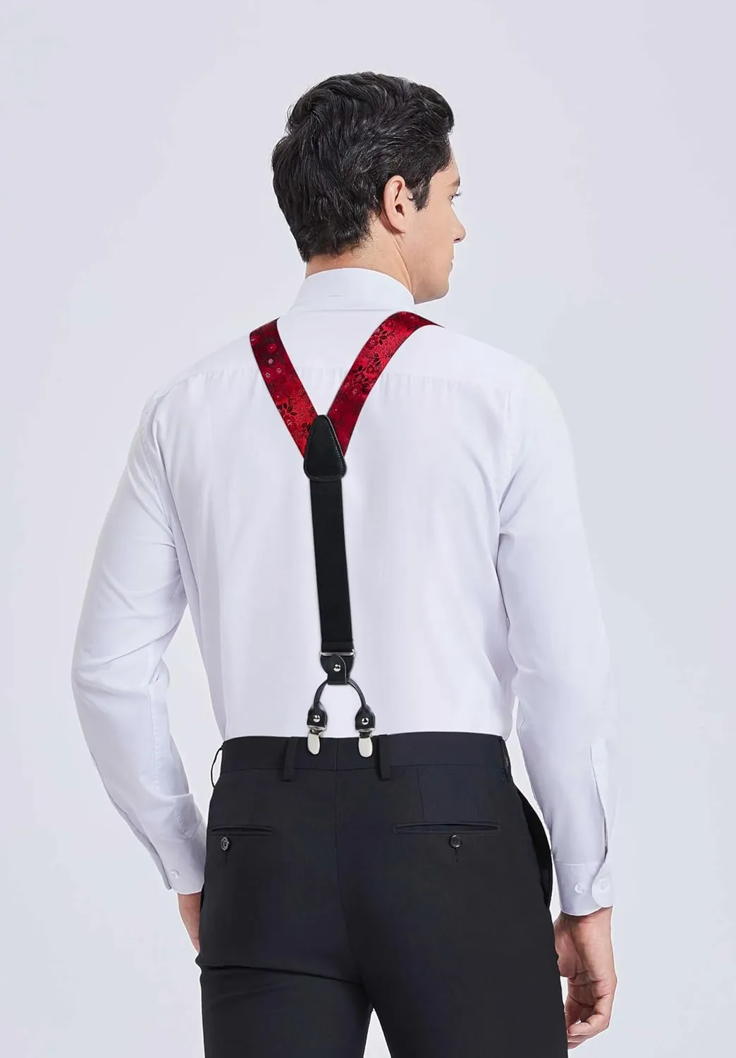 HISDERN Suspenders for Men Paisley Floral Bow tie Suspender Pocket Square Sets Adjustable Y Shape 6 Clips Wedding Braces