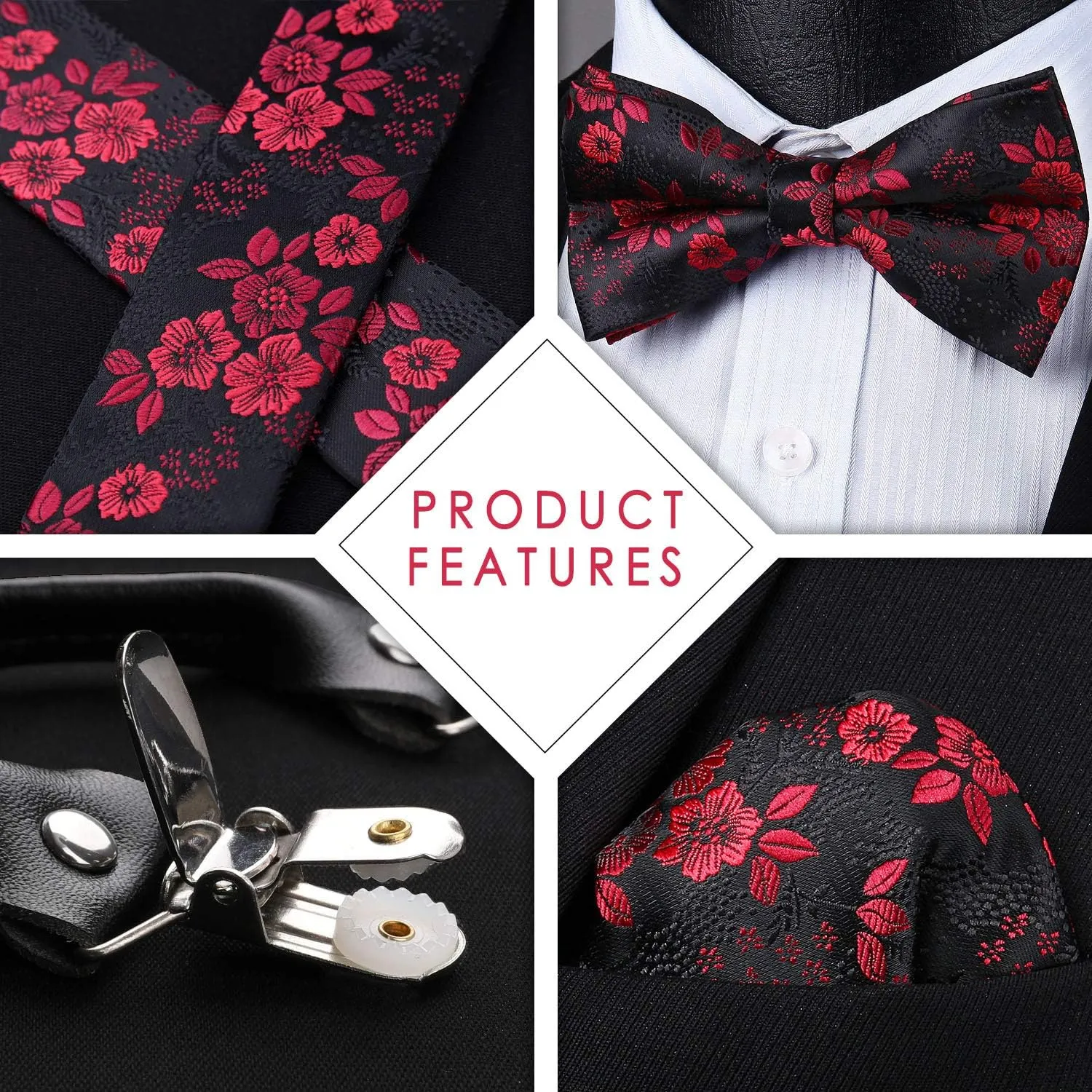 HISDERN Suspenders for Men Paisley Floral Bow tie Suspender Pocket Square Sets Adjustable Y Shape 6 Clips Wedding Braces