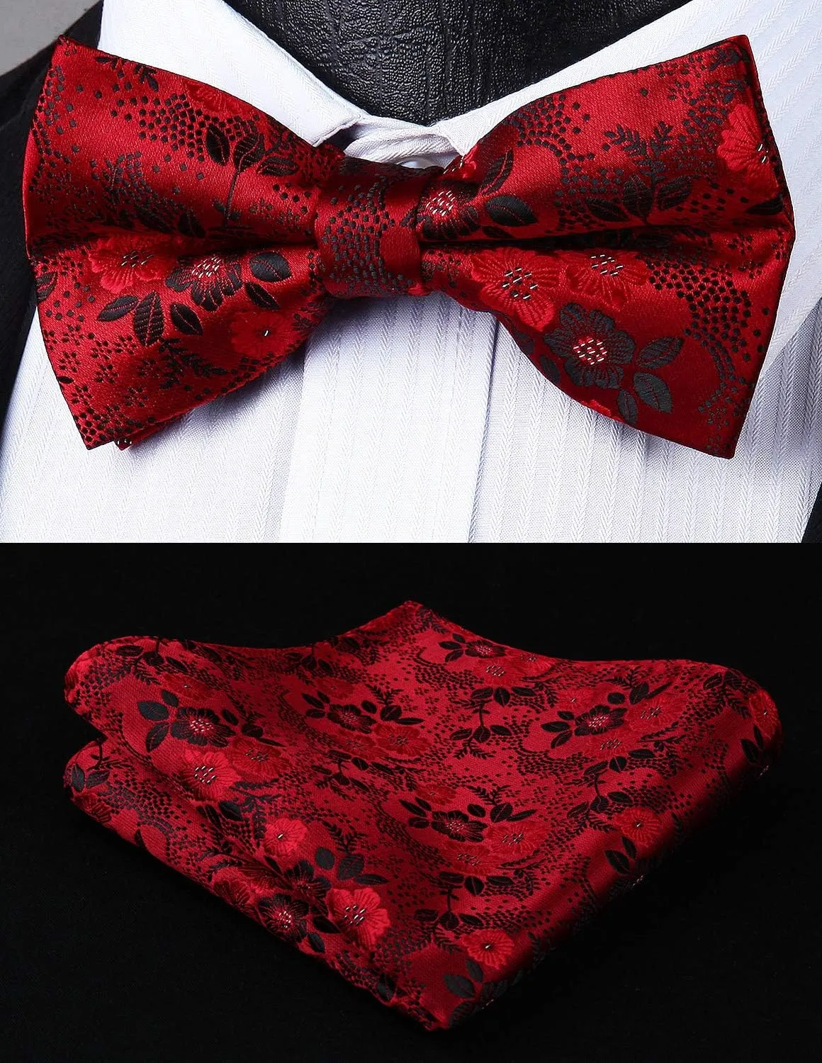HISDERN Suspenders for Men Paisley Floral Bow tie Suspender Pocket Square Sets Adjustable Y Shape 6 Clips Wedding Braces