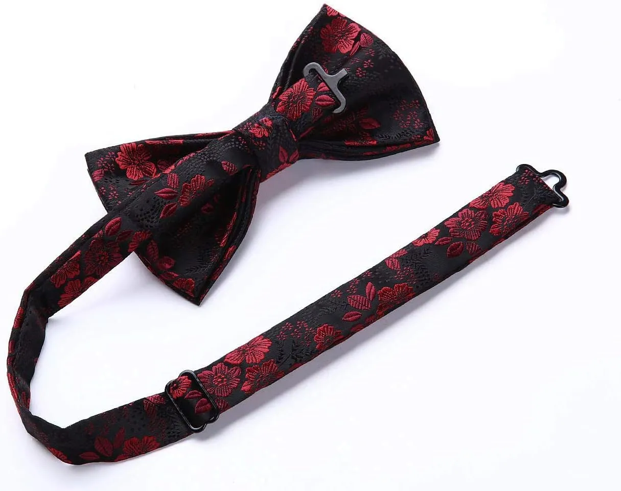 HISDERN Suspenders for Men Paisley Floral Bow tie Suspender Pocket Square Sets Adjustable Y Shape 6 Clips Wedding Braces