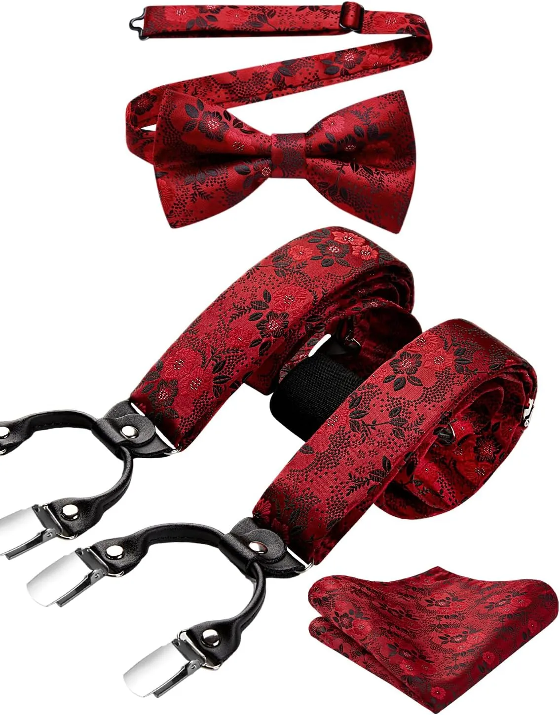 HISDERN Suspenders for Men Paisley Floral Bow tie Suspender Pocket Square Sets Adjustable Y Shape 6 Clips Wedding Braces