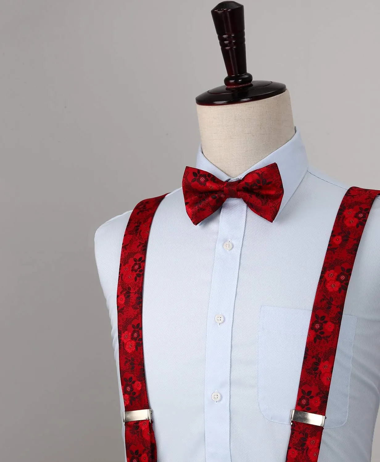 HISDERN Suspenders for Men Paisley Floral Bow tie Suspender Pocket Square Sets Adjustable Y Shape 6 Clips Wedding Braces