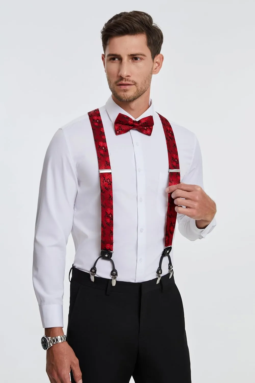 HISDERN Suspenders for Men Paisley Floral Bow tie Suspender Pocket Square Sets Adjustable Y Shape 6 Clips Wedding Braces