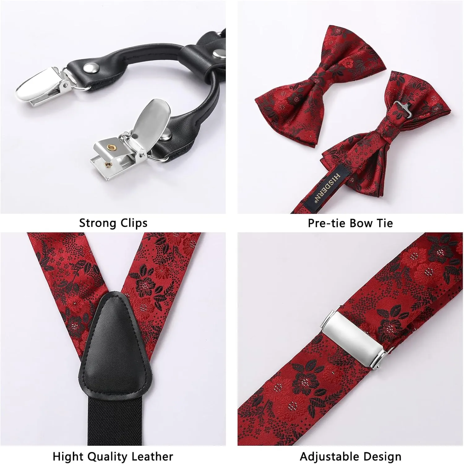 HISDERN Suspenders for Men Paisley Floral Bow tie Suspender Pocket Square Sets Adjustable Y Shape 6 Clips Wedding Braces