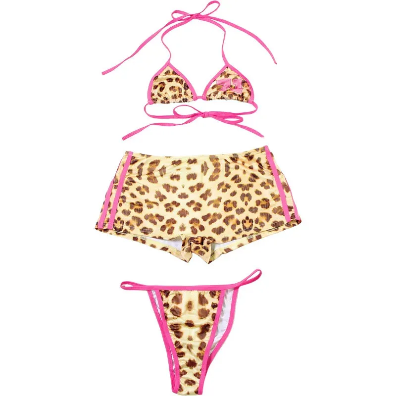LVSANW Absobe Leopard Printed 3 Pieces Swimwear Y2K Women's Shorts Set Color Contrast Summer Beach Swimsuit 2024 Female Bikinis Sets