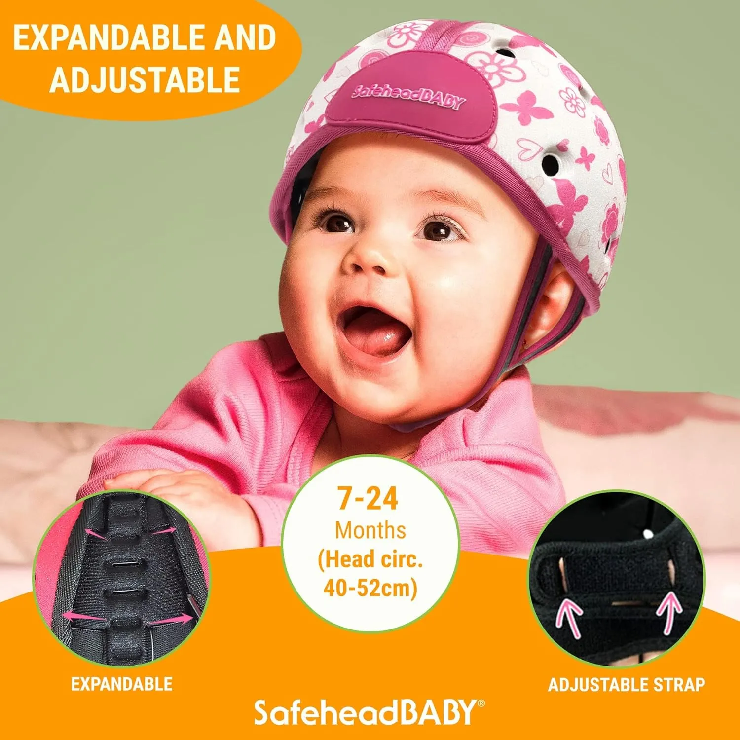 SafeheadBABY Award-Winning Infant Safety Helmet Baby Helmet for Crawling Walking Ultra-Lightweight Baby Head Protector Expandable and Breathable Toddler Head Protection Helmets - Tiger Orange