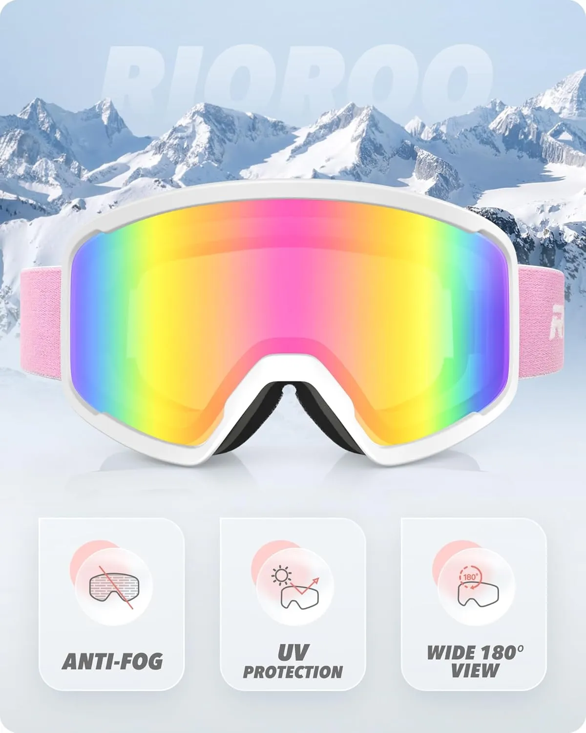 Ski/Snowboard Goggles for Men Women, OTG Snow Goggles Anti Fog 100% UV Protection Snowboarding Goggles