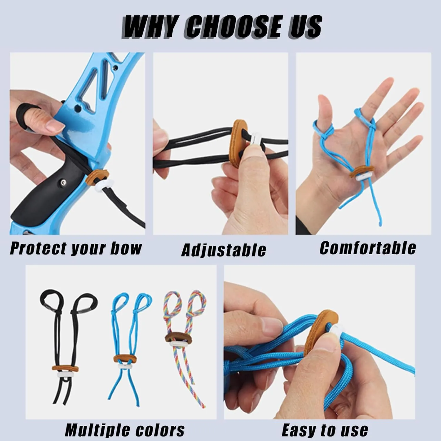 SPG Archery Adjustable Finger Sling, Multi Size Color Archery Bow Slings with Elastic Strap to Protect Recurve Bow from Falling, Bow and Arrow Competition Shooting Accessories