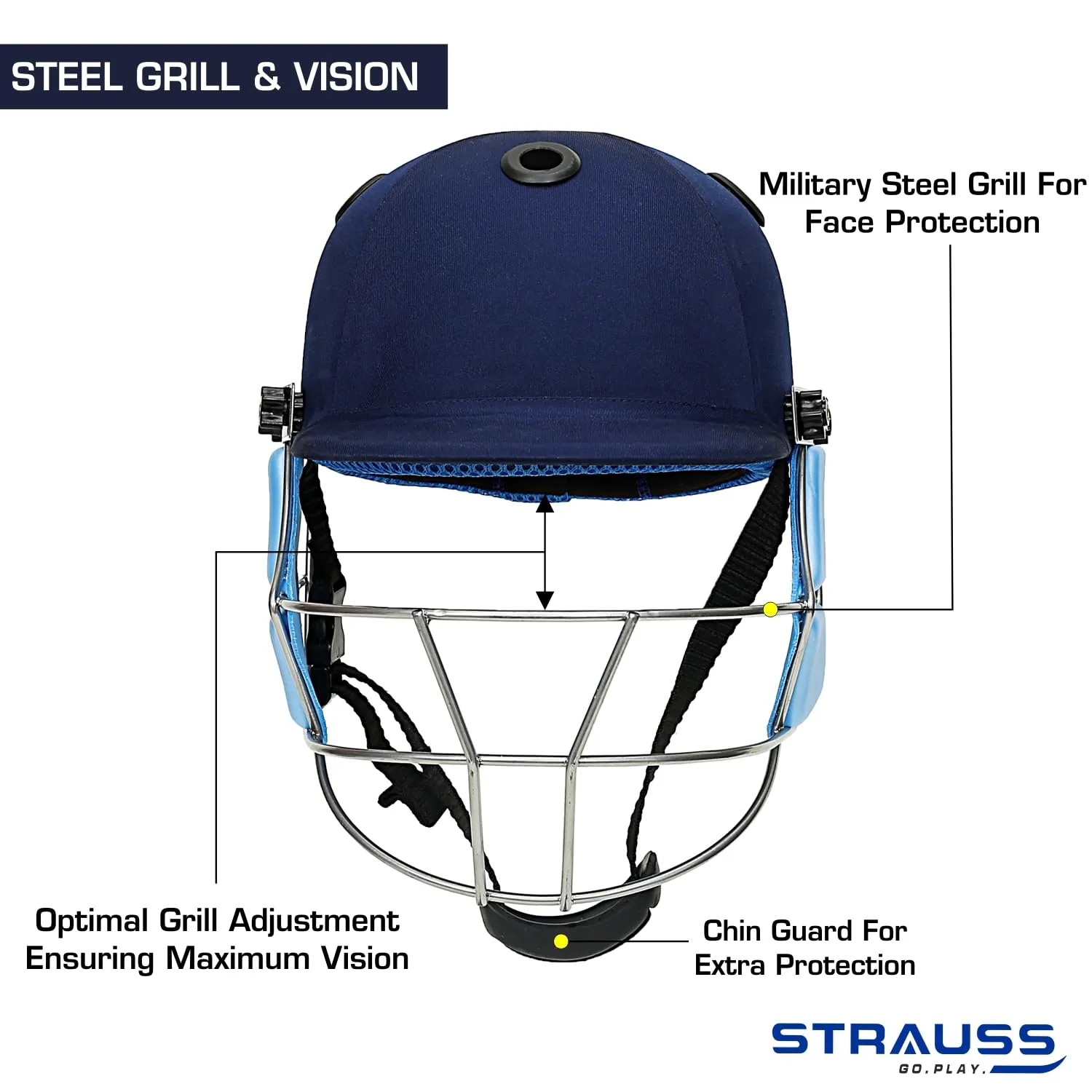 Strauss Cricket Helmet | Steel Grill | Edition: Classic | Size: Small | Age: 12-15yrs | Color: Blue | for Boys, Girls | Lightweight | Advance Protection | Leather Ball Cricket Helmet