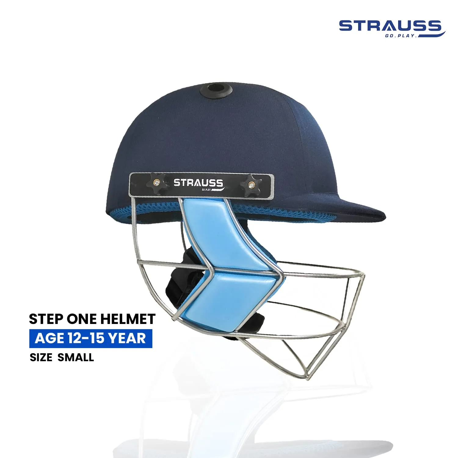 Strauss Cricket Helmet | Steel Grill | Edition: Step One | Size: Small | Age: 12-15yrs | Color: Blue | for Boys, Girls | Lightweight | Advance Protection | Leather Ball Cricket Helmet