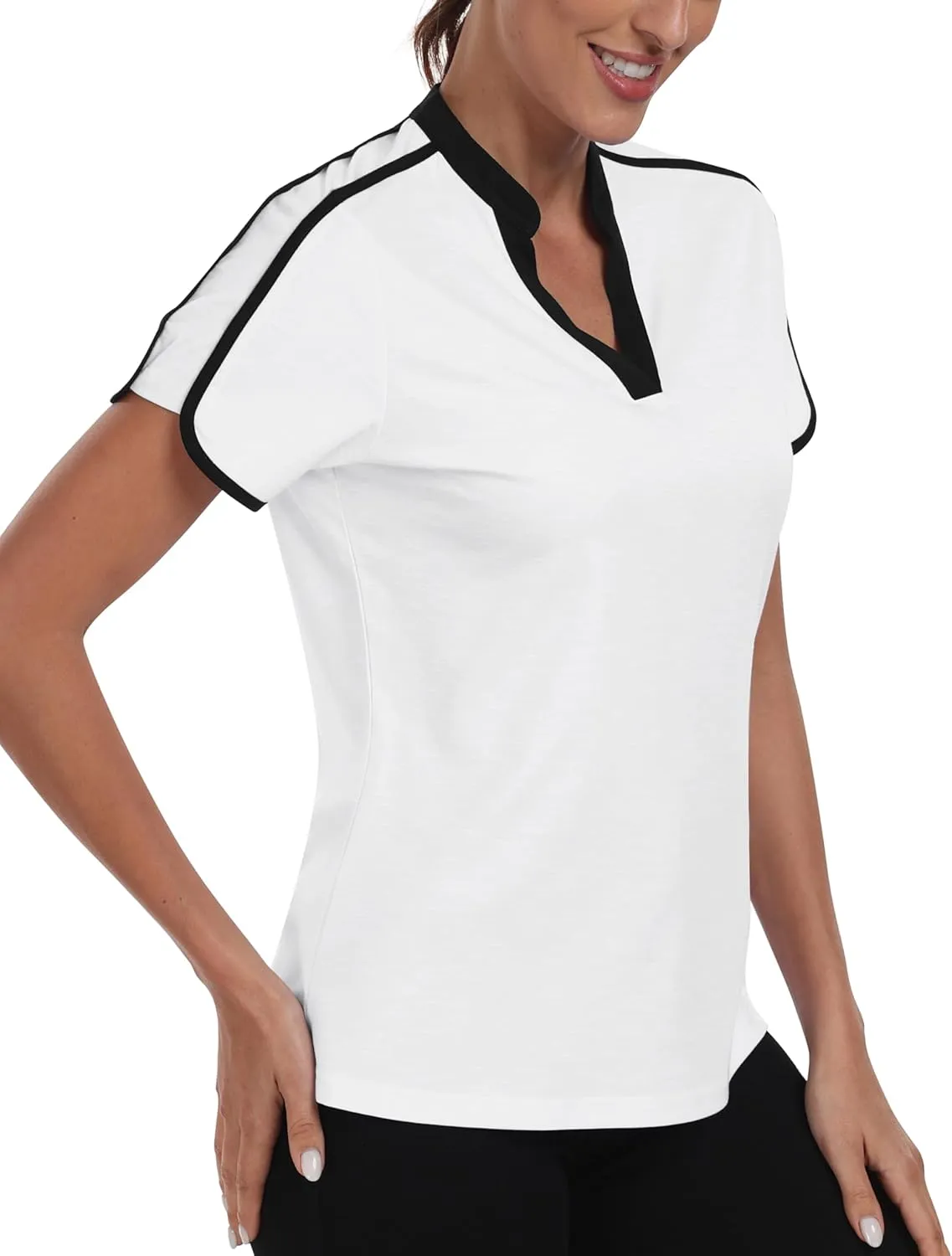Womens Golf Polo V Neck Shirt Elastic Breathable Moisture Wicking Sports Workout Tops for Tennis Casual