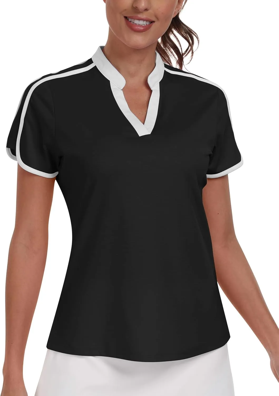 Womens Golf Polo V Neck Shirt Elastic Breathable Moisture Wicking Sports Workout Tops for Tennis Casual