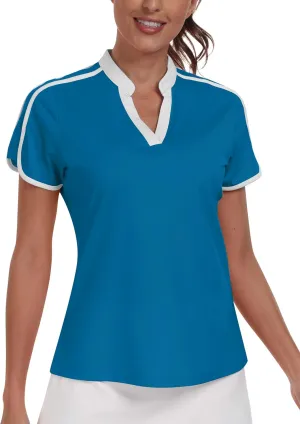 Womens Golf Polo V Neck Shirt Elastic Breathable Moisture Wicking Sports Workout Tops for Tennis Casual