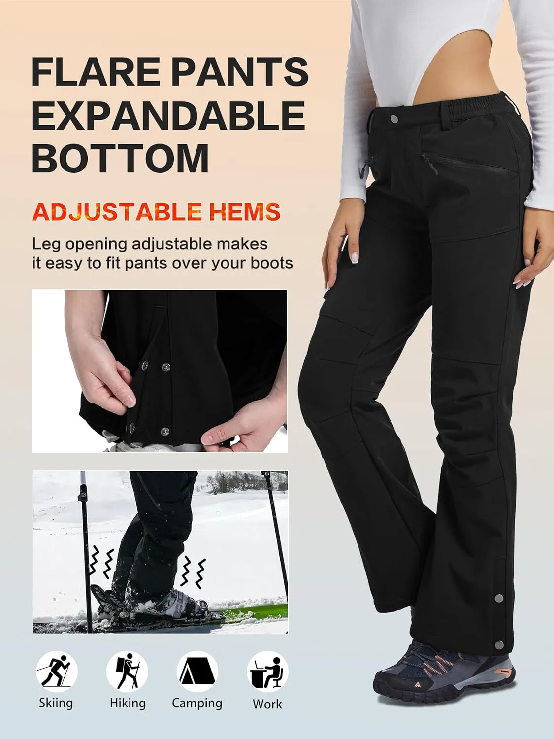 Women's Snow Ski Hiking Pants Waterproof Fleece Lined Softshell Insulated Winter Snowboarding Outdoor Flare Pants